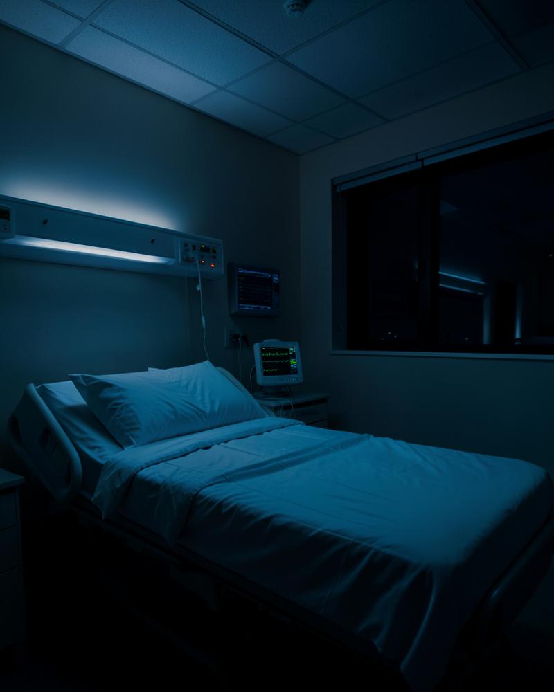 Hospital room at night with an empty bed and a bedside monitor