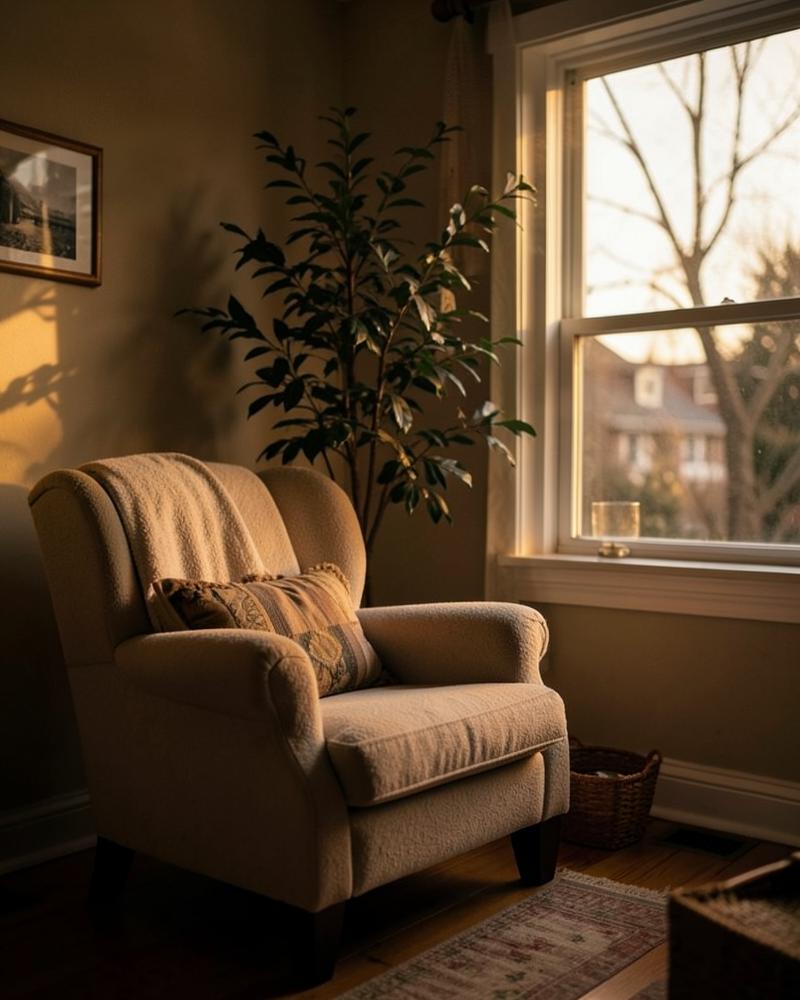 Armchair by a window in a warmly lit living room