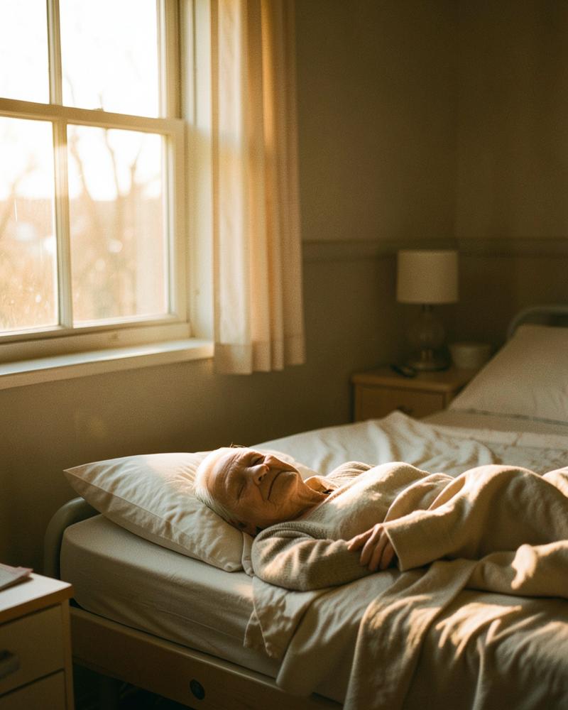Resident resting in a long term care room beside a sunlit window